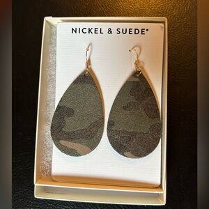 Brand new in box Nickel and Suede small tear drop leather camo earrings
